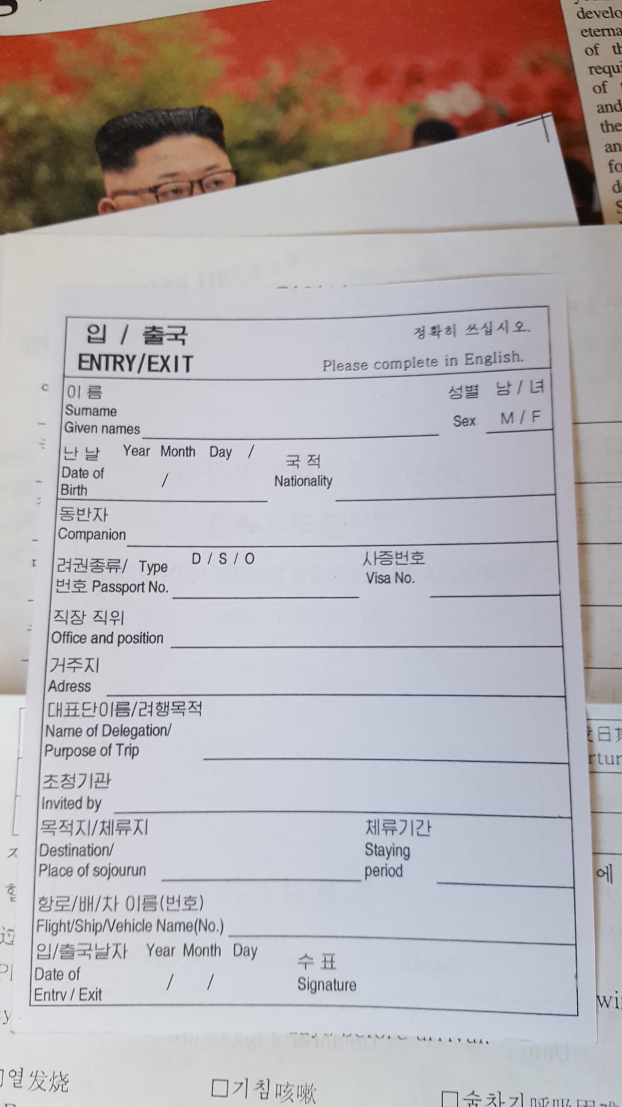 DPRK Entry/Exit card (back).