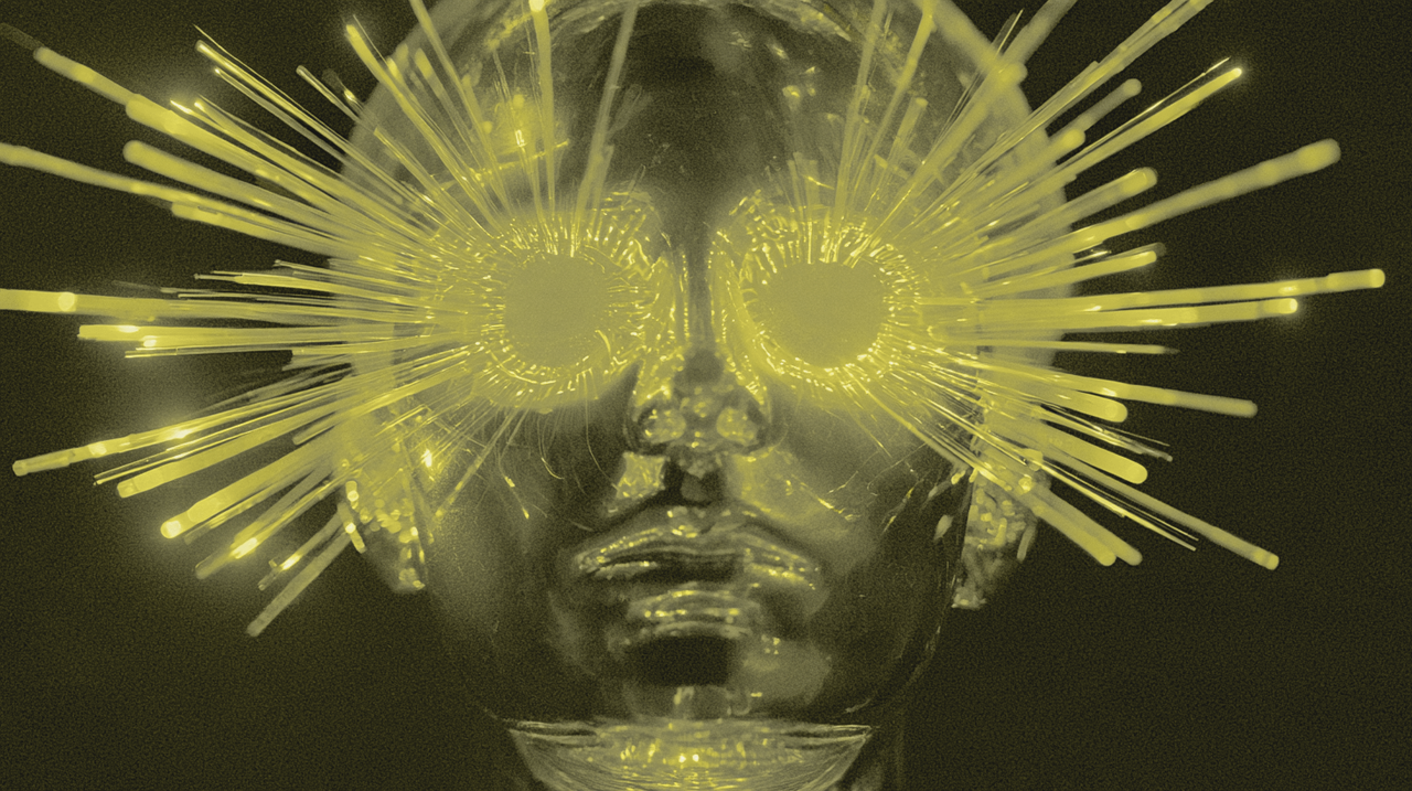 A face with glowing rays radiating from its eyes.
