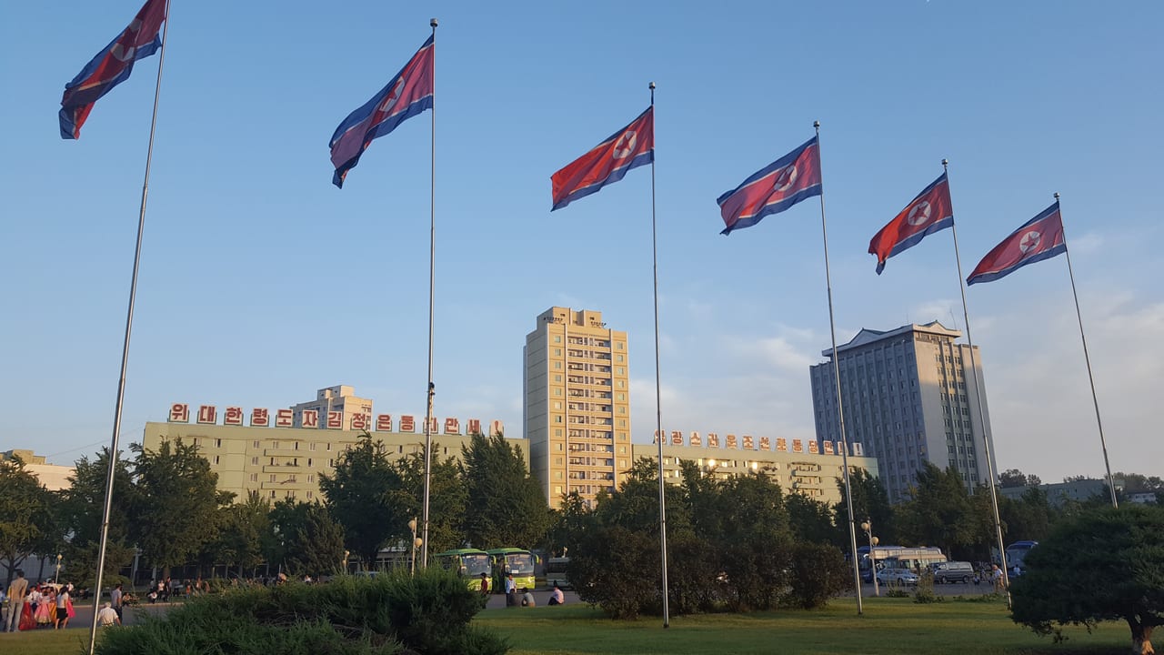 Flags flown in front of the mass dance during golden hour.