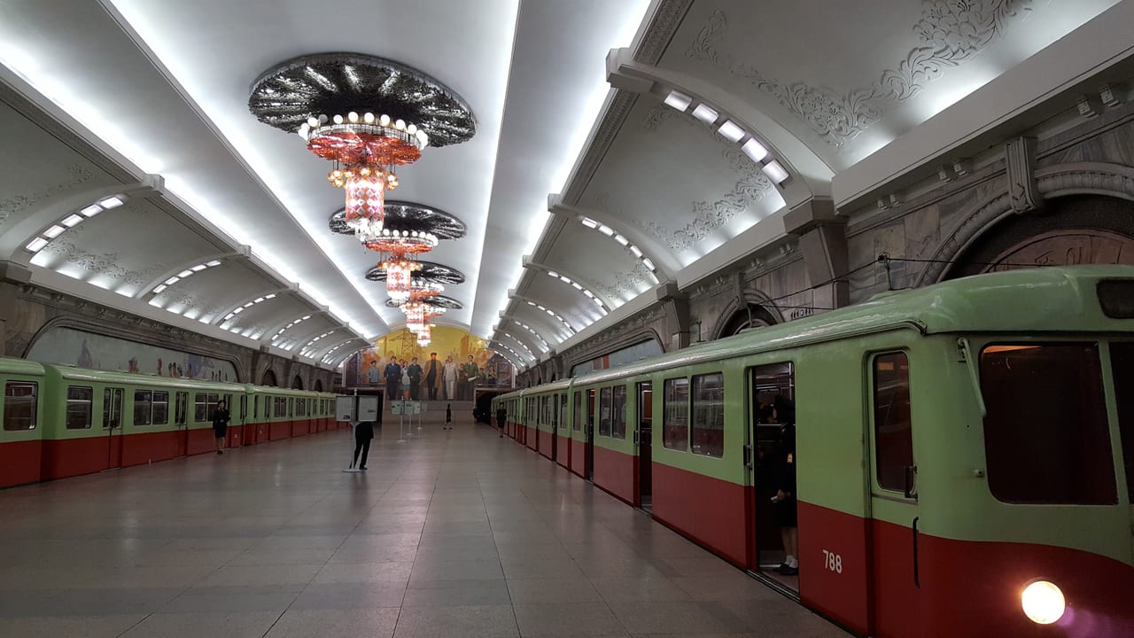 An arriving Pyongyang metro train.