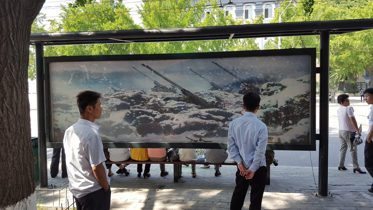 Bus stop art near Kim Il Sung Square.