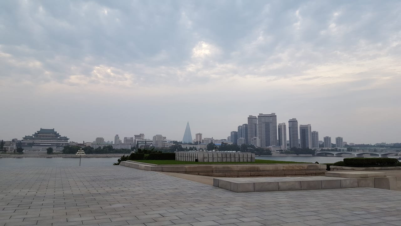 View of the Pyongyang skyline looking across the Taedong river from the Juche Tower.