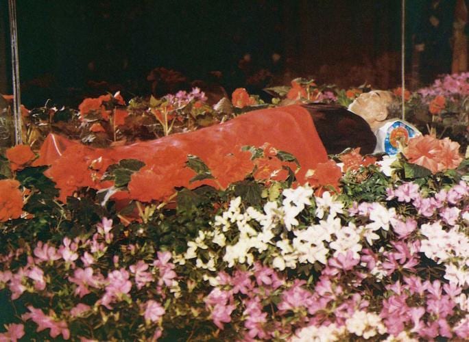 An embalmed Kim Il Sung lying in rest.