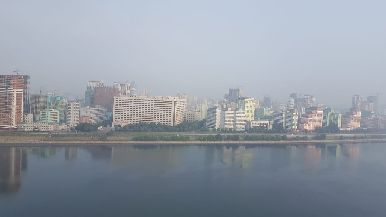 View of Pyongyang looking northwest from our Yanggakdo International Hotel rooftop.