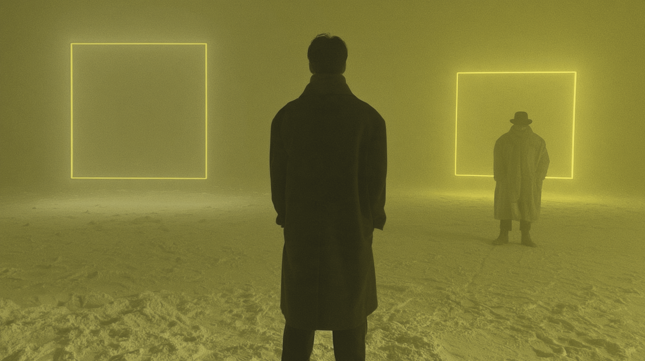 Figures facing glowing square frames in a desert.