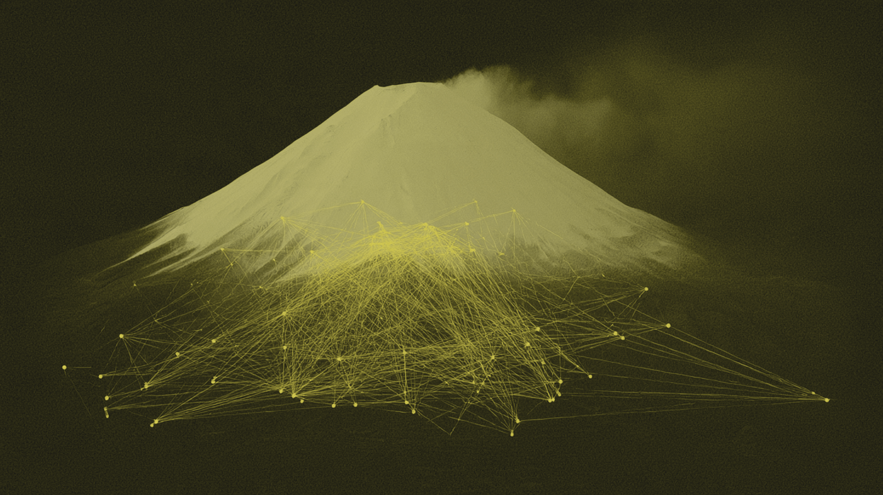 A mountain above a web of glowing paths.
