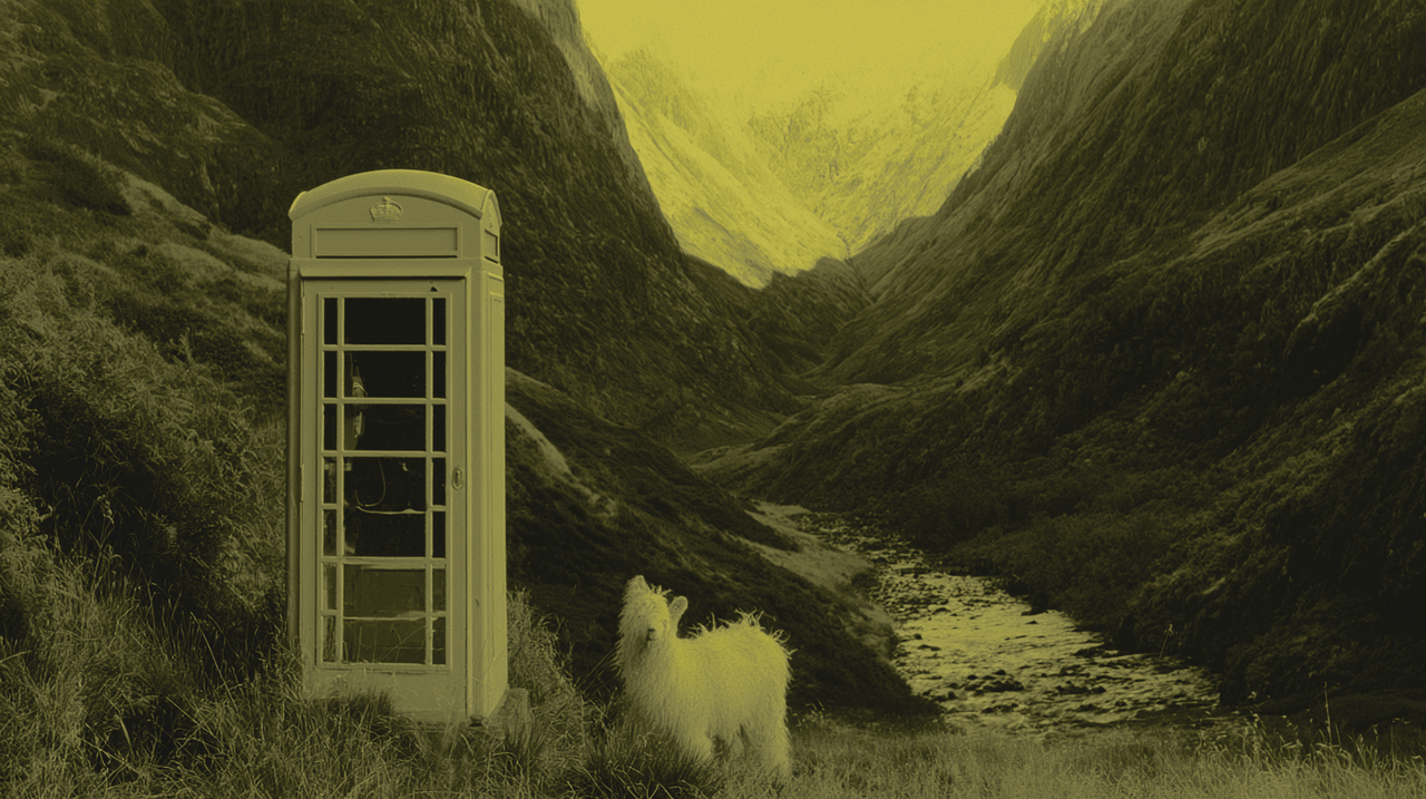A telephone booth in a mountain valley.