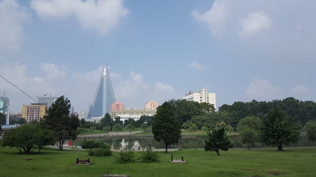 Ryugyong set in the background of a park.