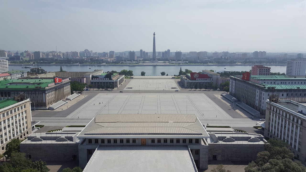 Looking out directly across the Taedong river at the Juche Tower from the Grand People's Study House.