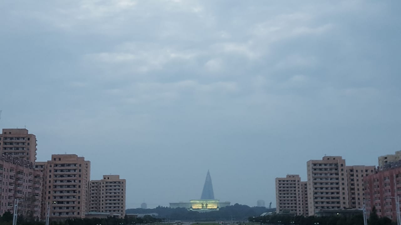 Being gazed upon by the hilariously evil-looking Ryugyong Hotel in the distance.