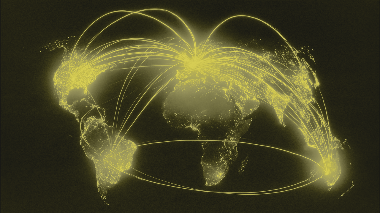A glowing world map with arcs representing network connections between continents.
