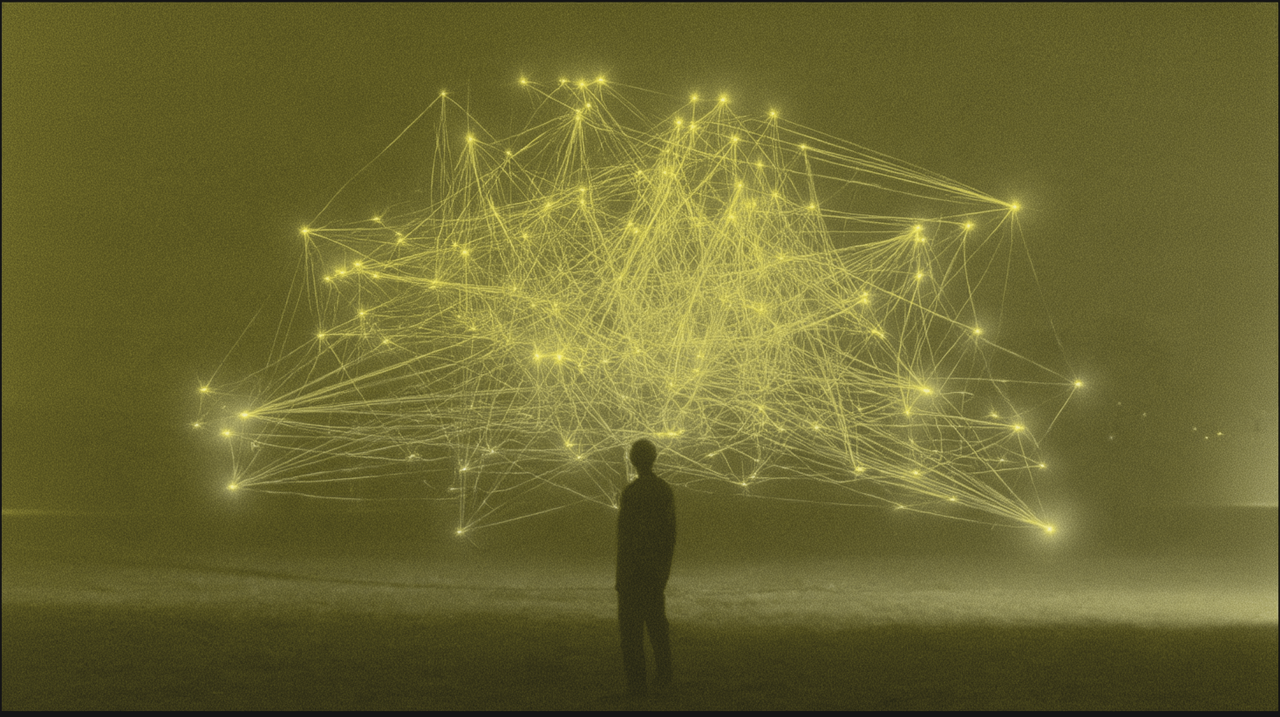 A figure facing a suspended network of glowing nodes.